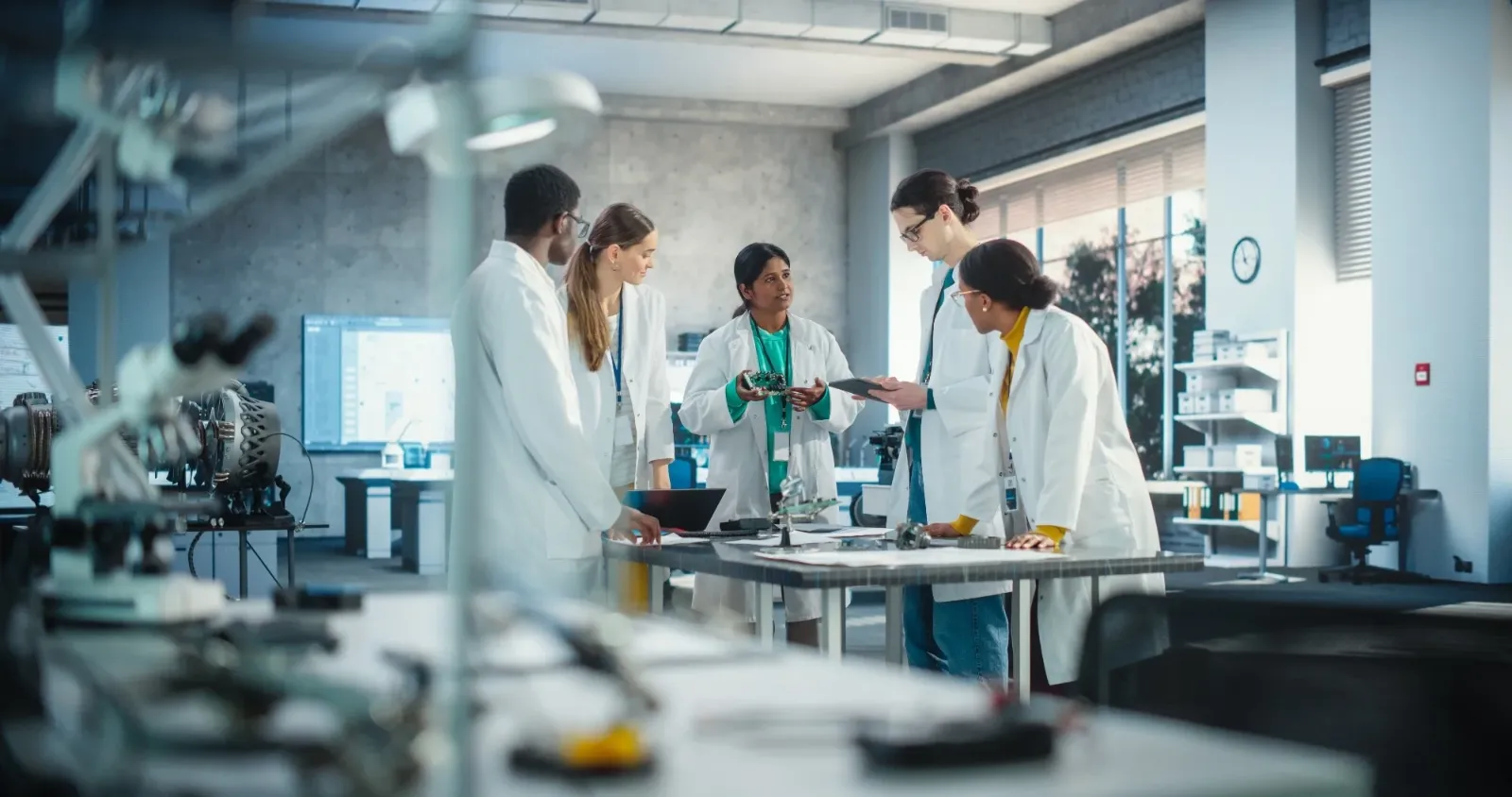 AI/ML research lab with data scientists working on machine learning models