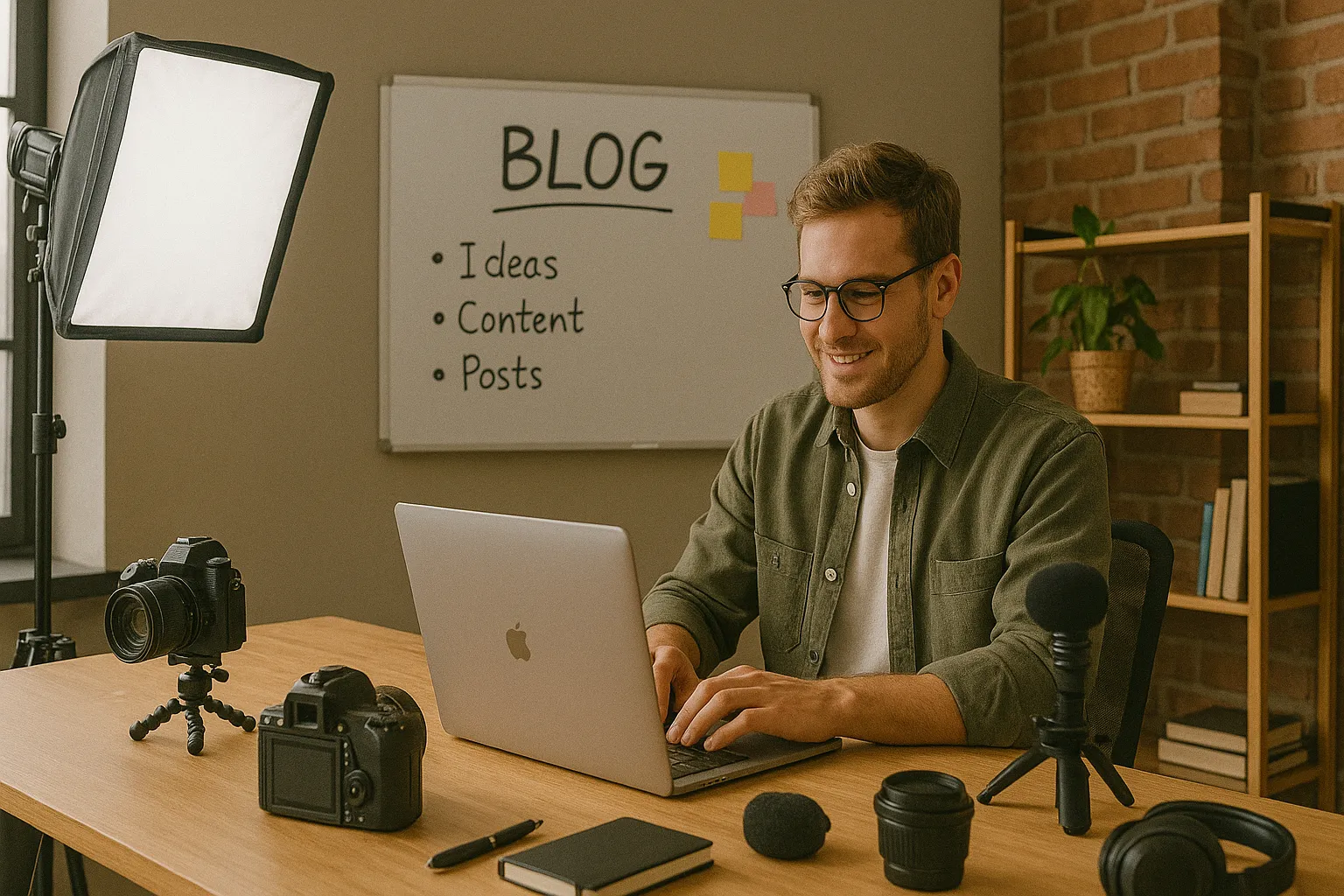 Content creator workspace with camera equipment and laptop for blog creation
