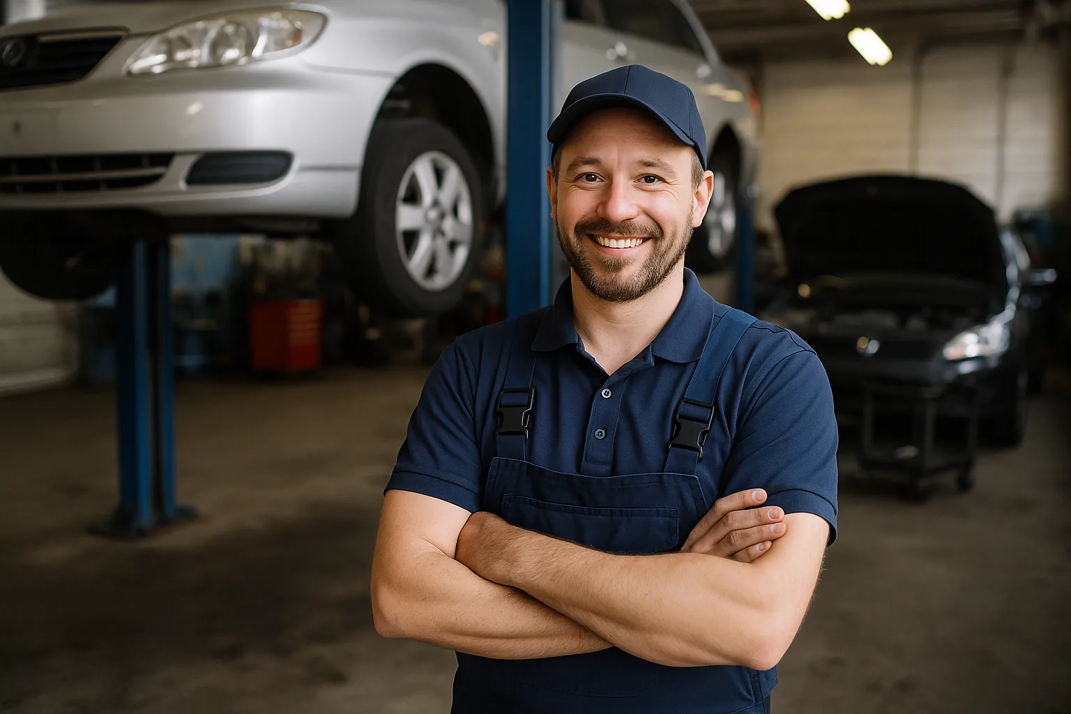Professional mechanic in blue uniform at auto repair shop with cars on hydraulic lifts