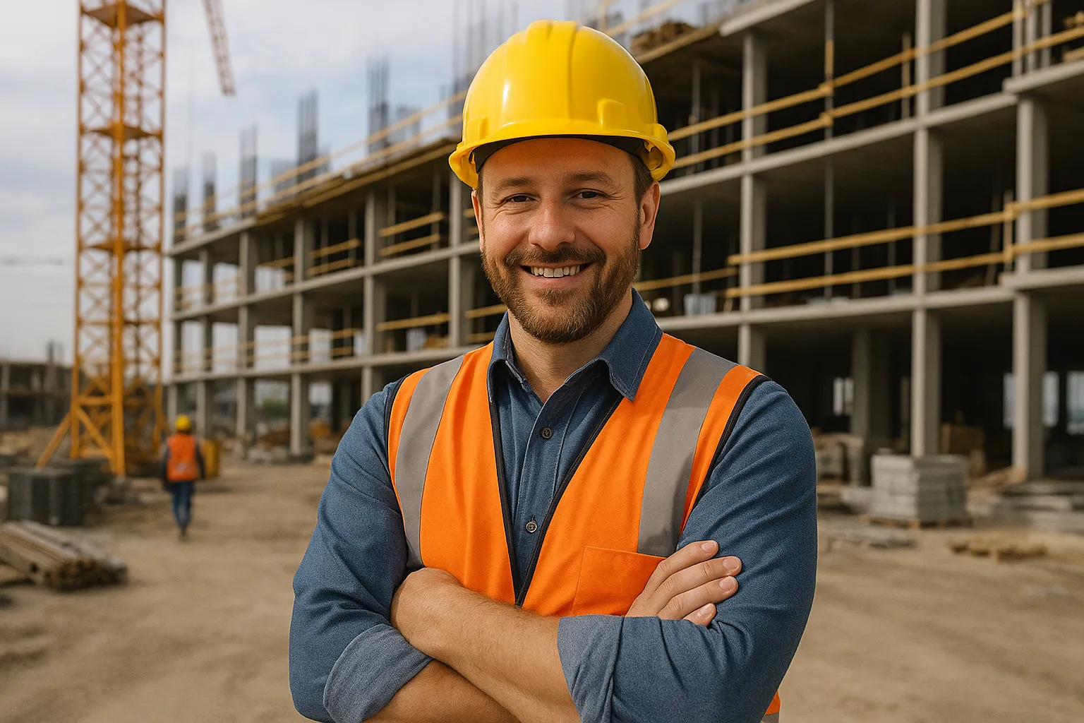 Construction worker in safety gear on building site with heavy machinery