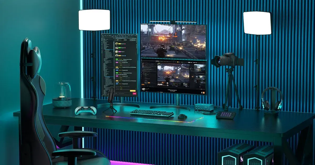 Gaming setup with high-performance PC, monitors, and gaming peripherals