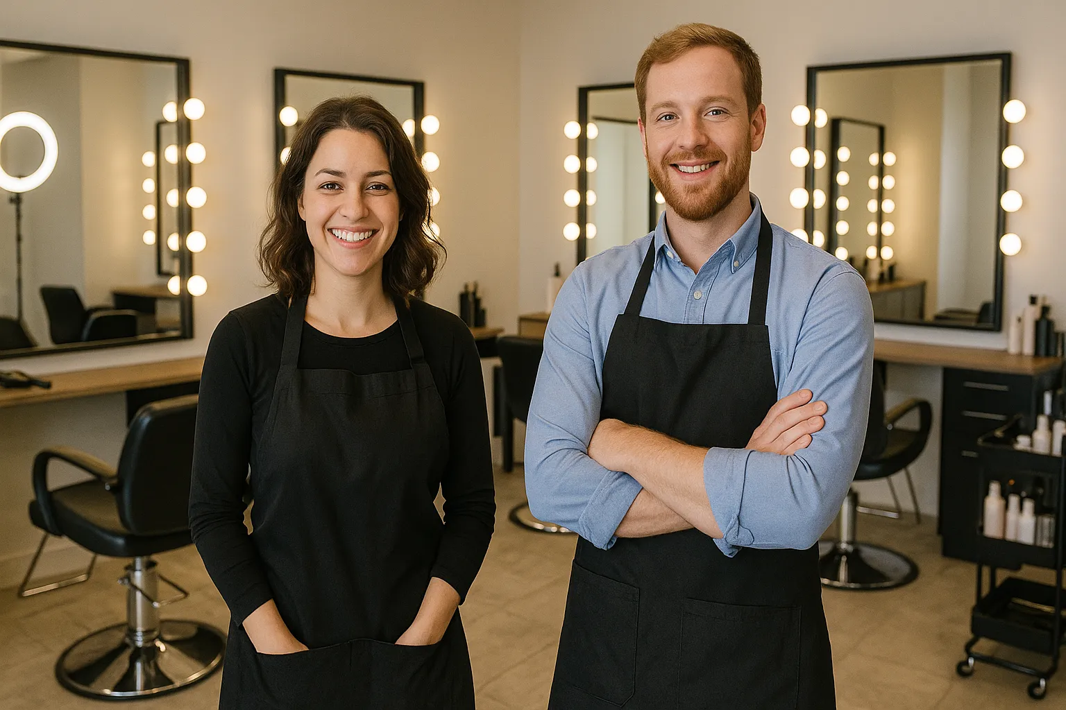 Two stylists wearing black aprons stand in a well-lit hair salon