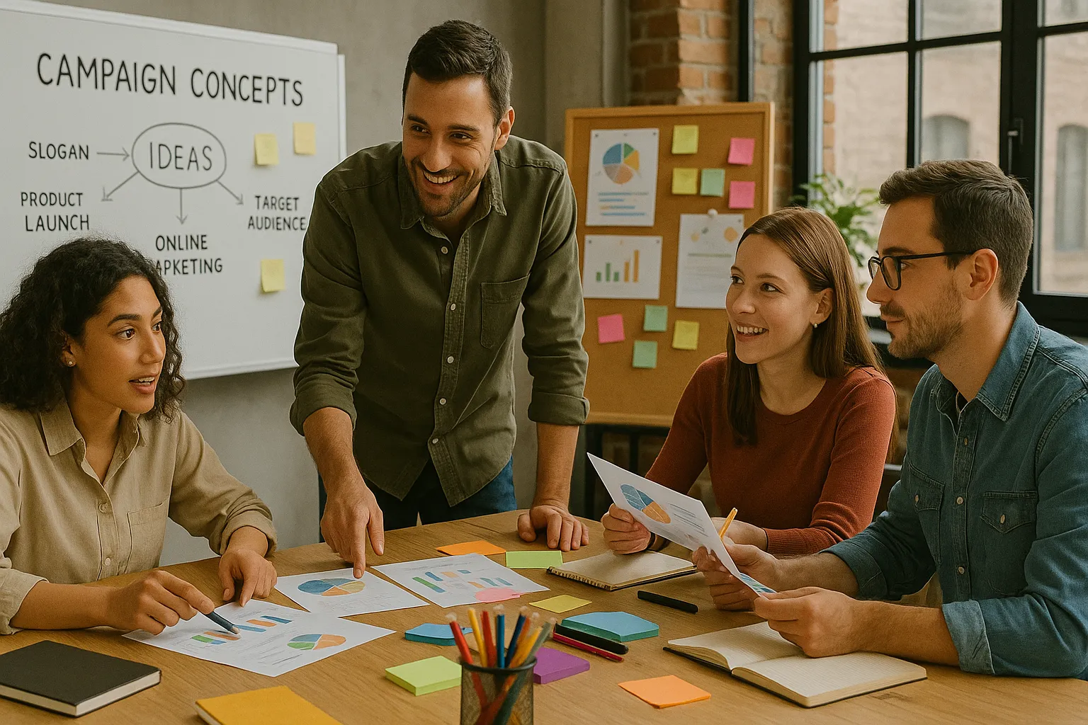 Marketing agency workspace with creative team collaborating on campaigns