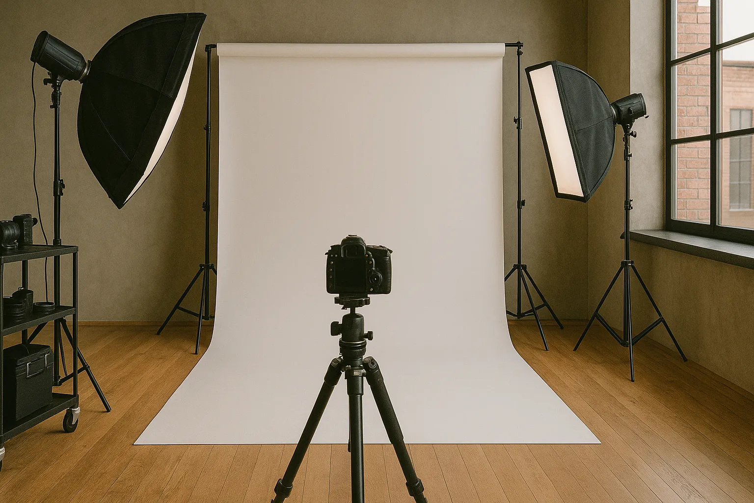 Photography studio with professional camera equipment and lighting setup