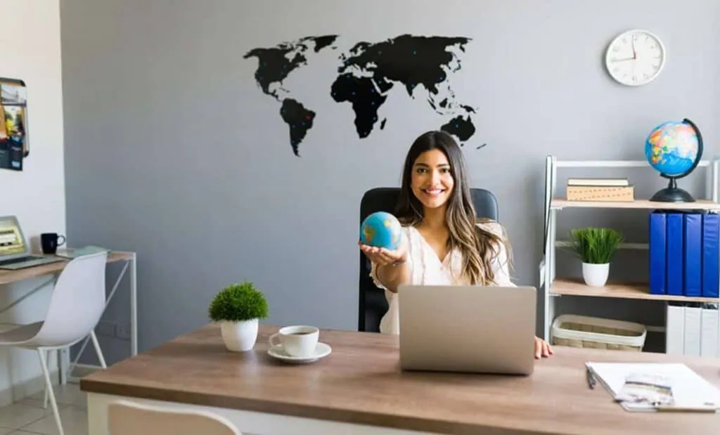 Travel agency office with destination displays and booking systems